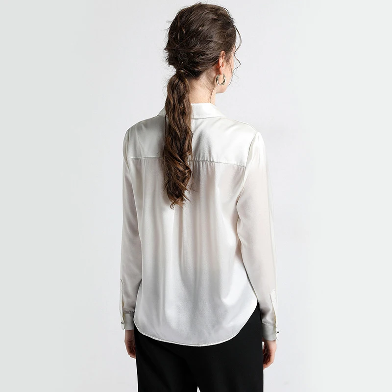 

2020 Schinteon Women 100% Real Silk Shirt Solid Color Long Sleeve Office Lady Turn-down Collar Blouse Spring Summer
