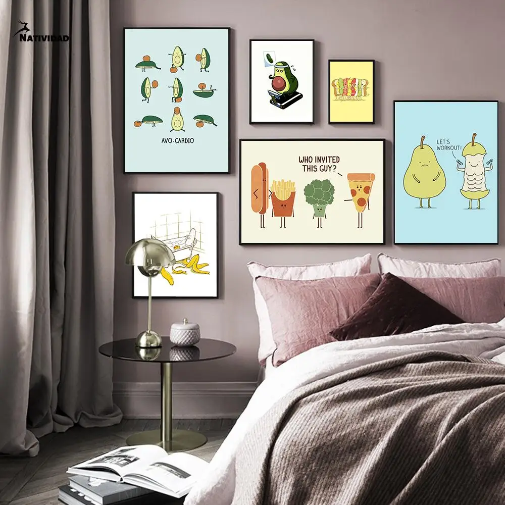 

Funny Exercise Fruits Delicious Food Canvas Painting Avocado Wall Art Poster and Print Cute Food Pictures Living Room Home Decor