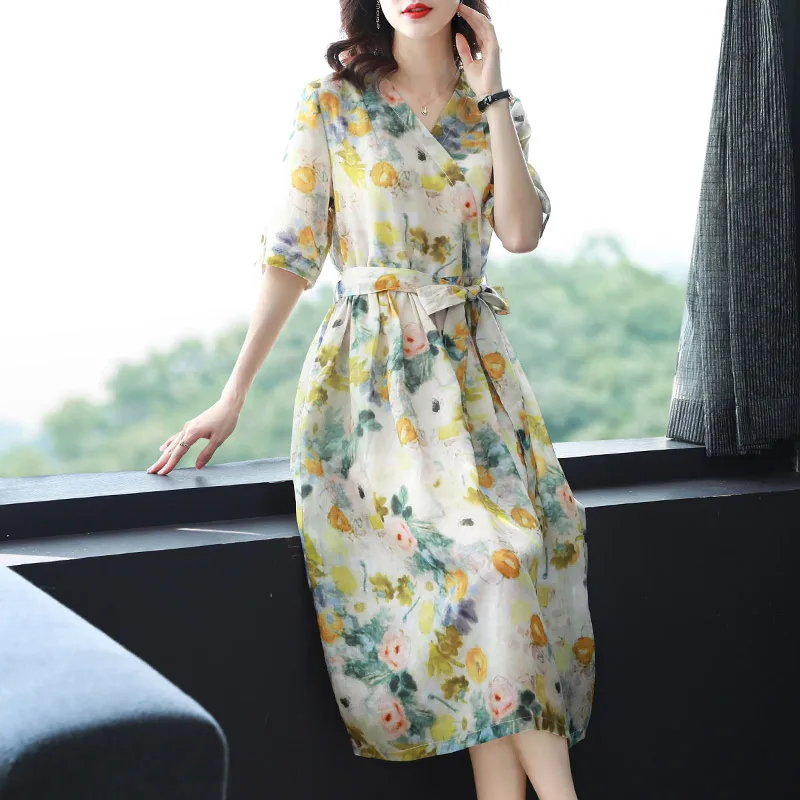

Summer Casual M-3XL Plus Size Dress 2021 Spring Elegant Vintage Yellow Floarl Cotton Linen Midi Dress Women Party Vestidos