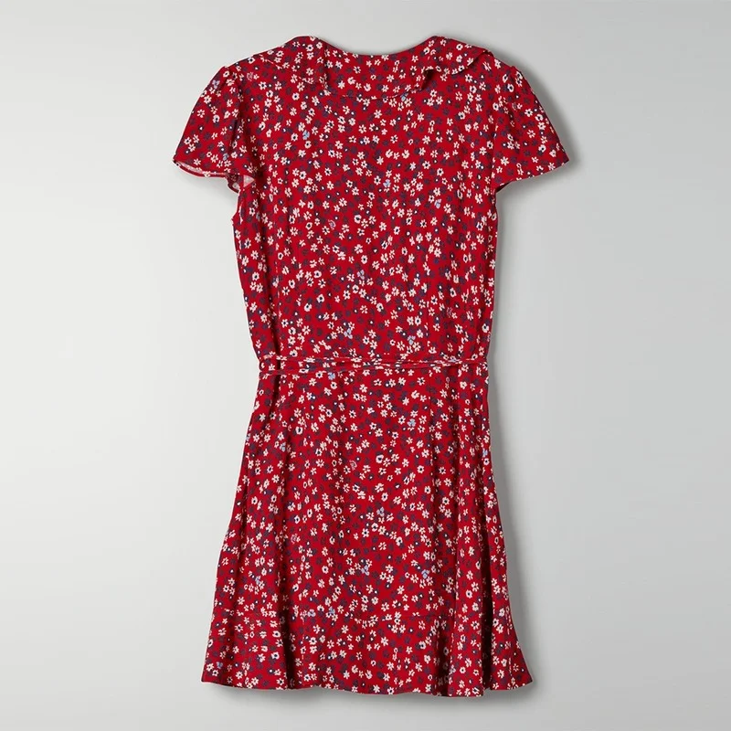 

Summer Vintage Red Floral Mini Dress Ruffle Deep V-neck Retro Pastoral Style Short Sweet Dresses Fashion A-line Pleated Dress