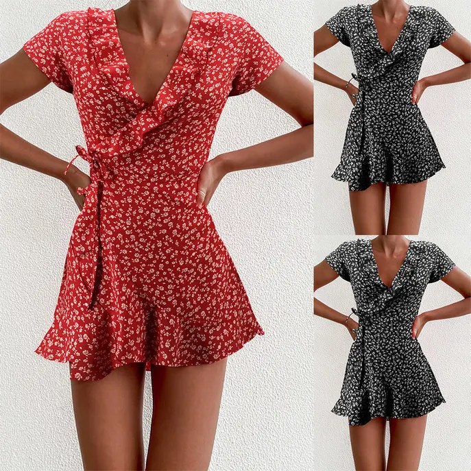 

Fashion Boho Women Floral Printed Mini Dress Ruffle V Neck Short Sleeve Belted A-line Dress