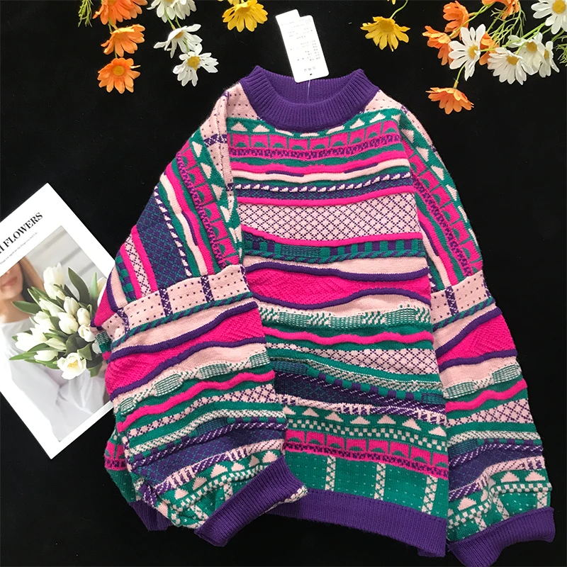

EBAIHUI Knitted Sweater Women Carrot Pattern Long Sleeve Pullover Loose High-necked Blue Yellow Sweater Autumn Winter 2020