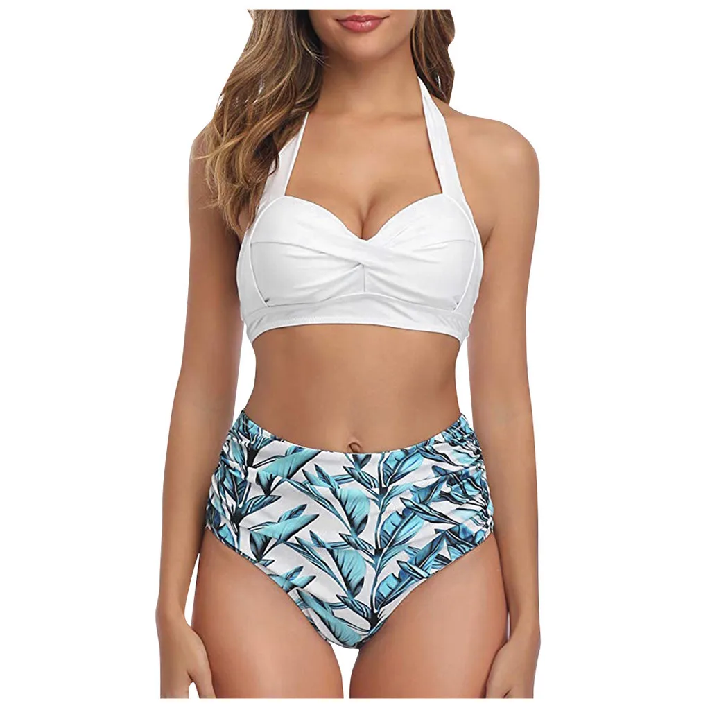

2021 Vintage High Waist Plus Size Bikini Women Halter Push Up Swimsuit Print Female Large Size Swimwear Maillot De Bain 2XL