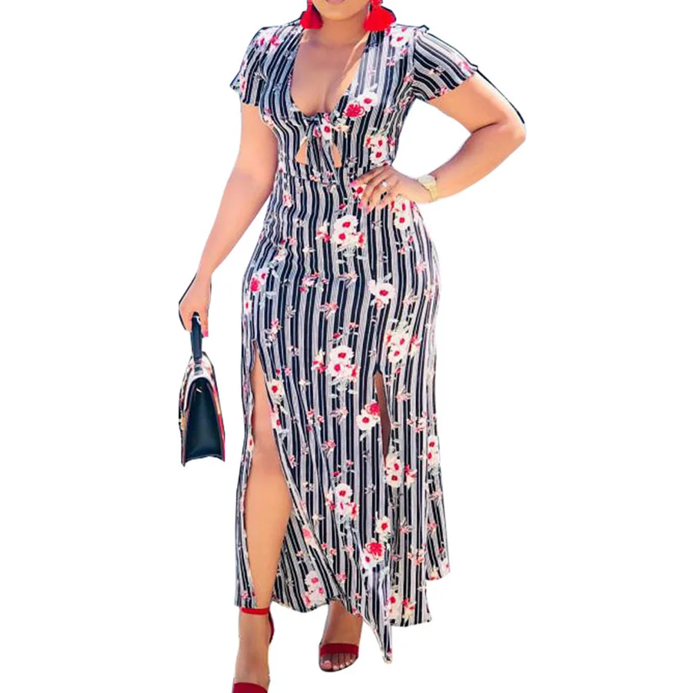 African Floral Print Sexy Long Dress Women Elegant Party Vintage Robe Gray Stripe Dinner Maxi Dresses Trips Casual Vestidos | Свадьбы и
