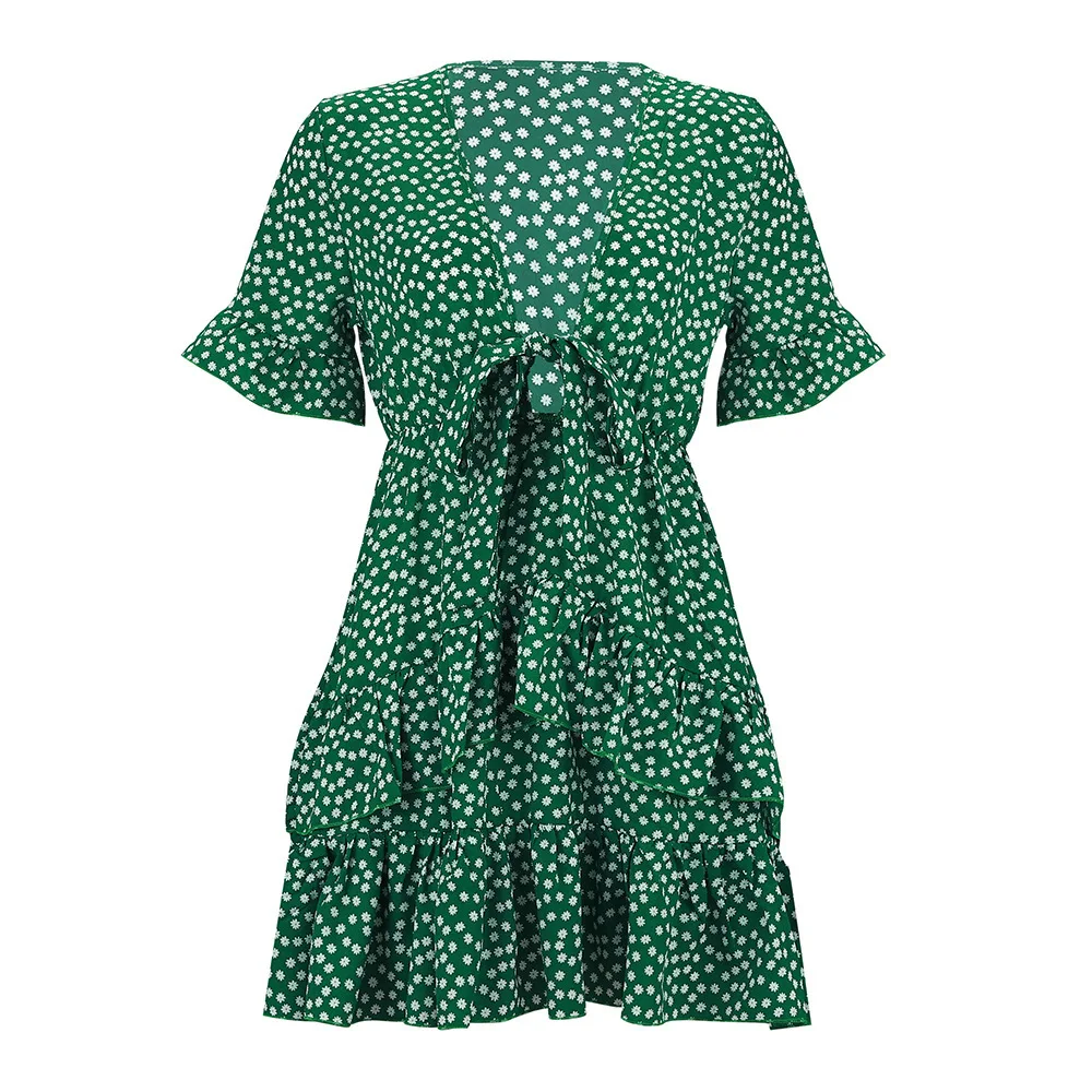 

2021 Women Dress Boho Floral Ruffle Short Mini Dress Summer Knot Sexy V-Neck Party Holiday Dress Femme vestido de mujer