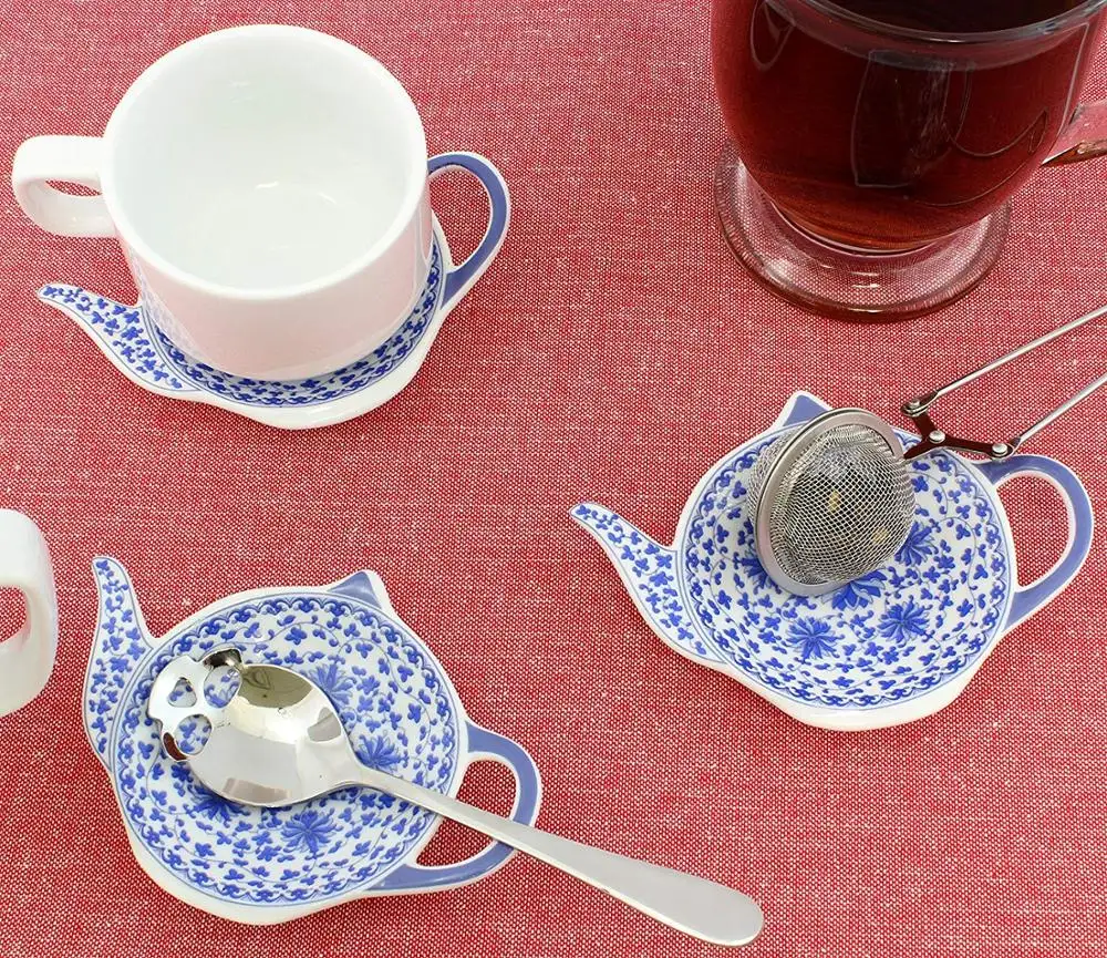 Керамическая фотография с синим рисунком и в форме чайника блюдо для чайного