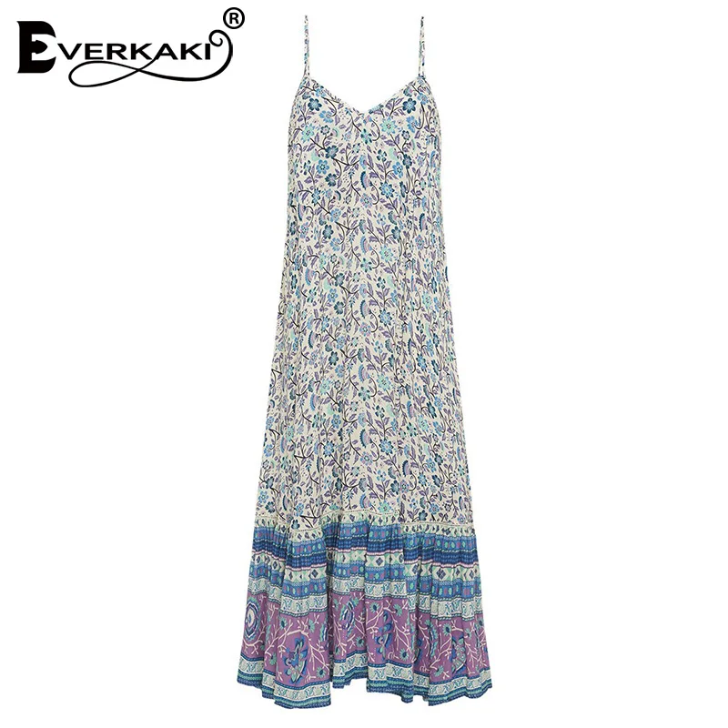 Blue Everkaki/платье-комбинация с цветочным принтом для женщин; Boho; свободные; цыганские; с открытой спиной; женские богемные длинные платья; Vestidos; Новинка осени года - Цвет: Blue