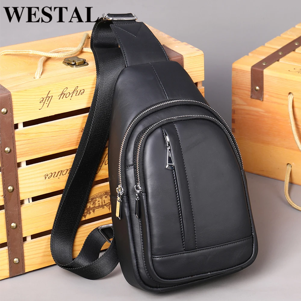 

WESTAL мужская сумка-слинг из натуральной кожи, большая нагрудная сумка, противоугонная сумка через плечо, сумка-мессенджер на молнии, сумка на...