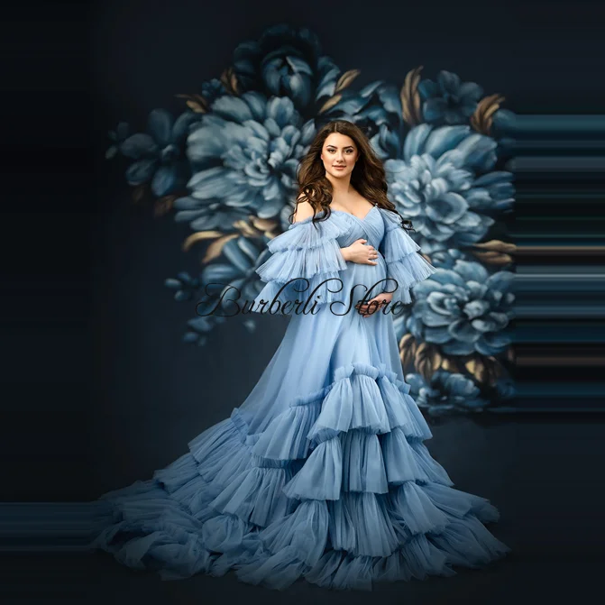 Elegant Blue Tiered Tulle Maternity Dress Off Shoulder Rulles A-line Pregnanty Women Gowns Long Baby Shower Dress Photo-shoot
