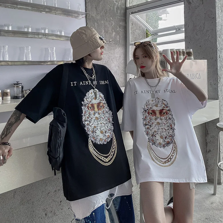 

Oversize High Street T Shirt Men 2021 Streetwear Harajuku Rap Masked Man Print Tshirt Half Sleeve Cotton Casual T-Shirt Black
