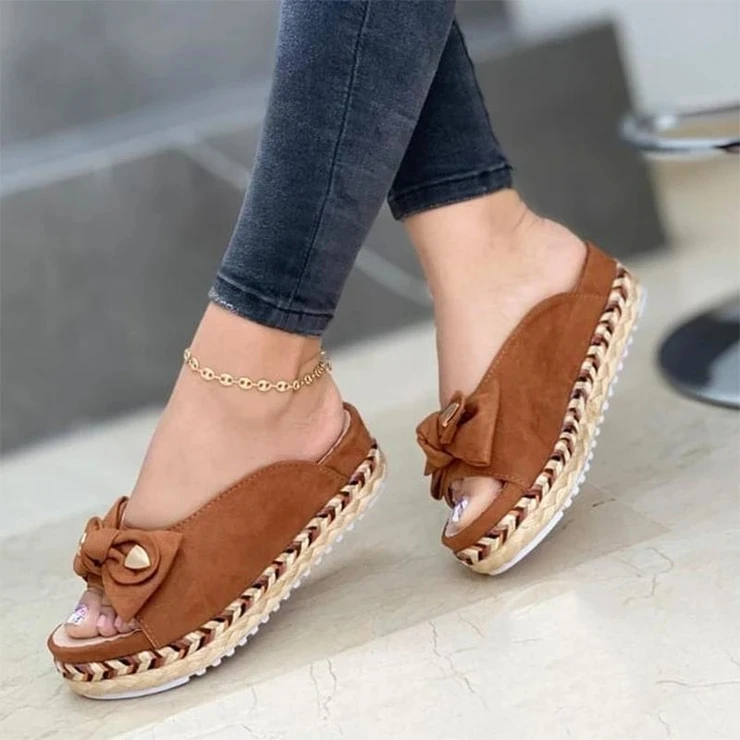 

Low Heel Slippers Women Slides Bow 2021 Summer Sandals Bow-Knot Slippers Thick Soles Flat Platform Female Beach Shoes Flip Flops