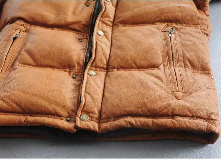 

2021 Genuine leather jacket yellow black stand collar slim winter duck down men short sheepskin coat for male