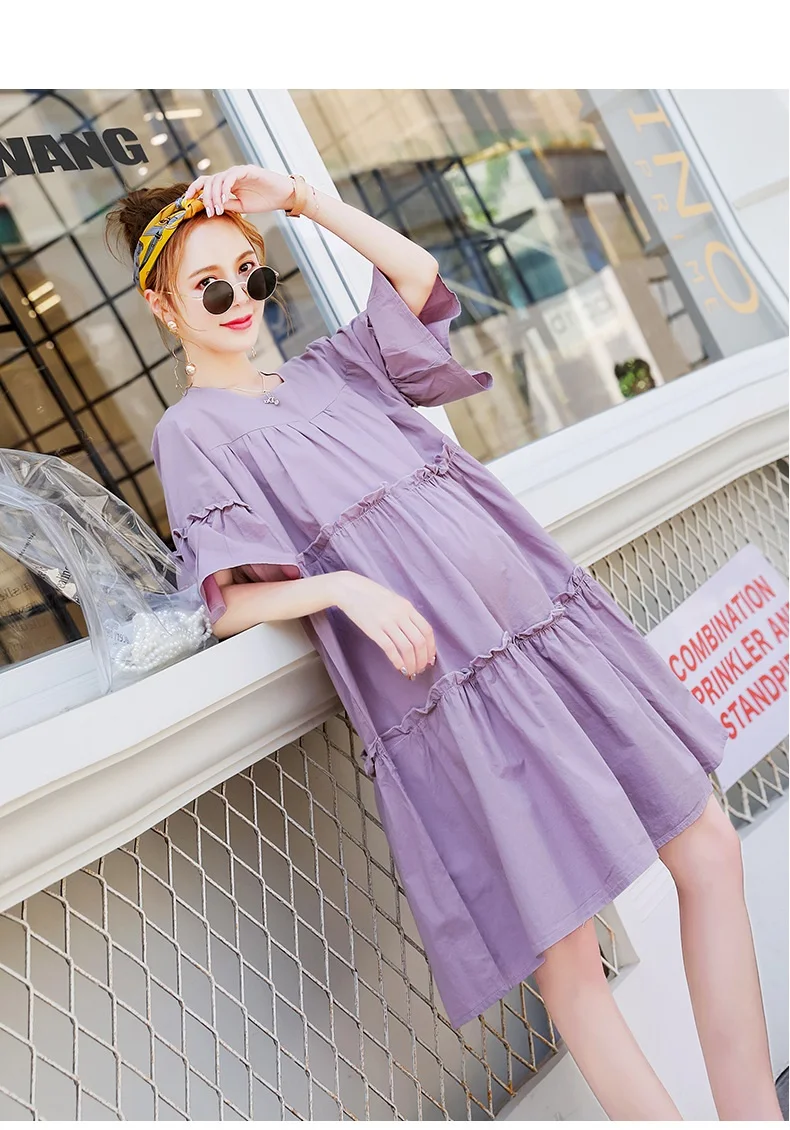 

Maternity Summer New Korean Loose Cotton Fungus Round Neck Short Sleeve Mid-length Solid Color Maternity Dress