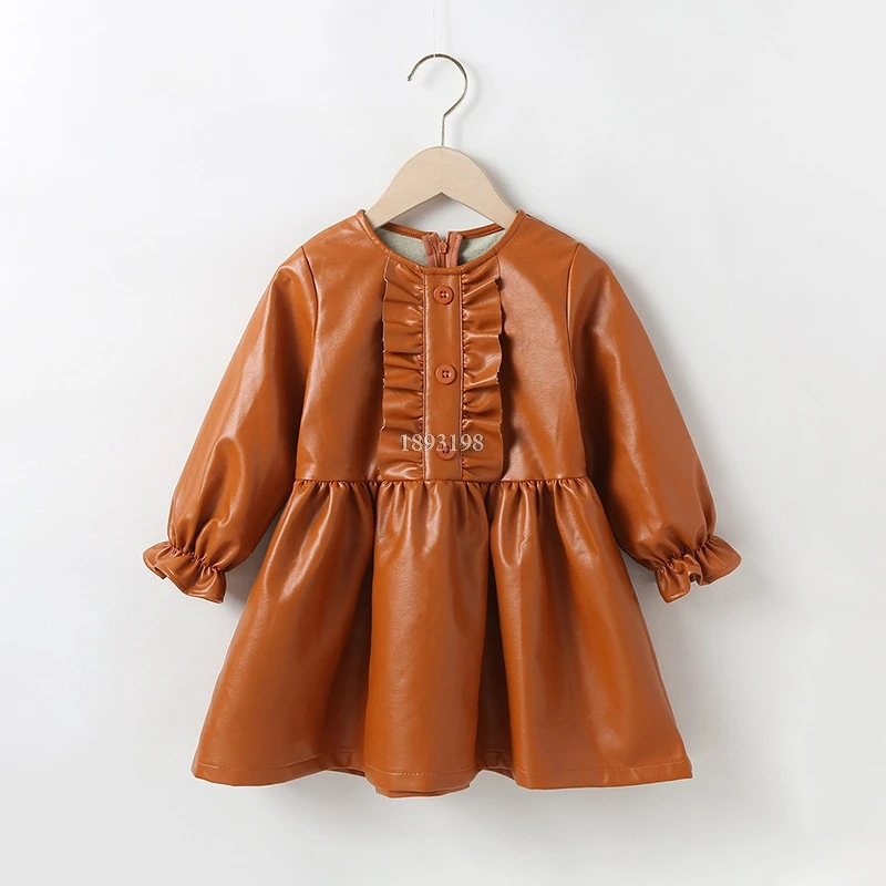 

Spring Autumn New Girls Brown Korean Long-sleeved Leather Dress Children Retro Pleated Leather Clothing