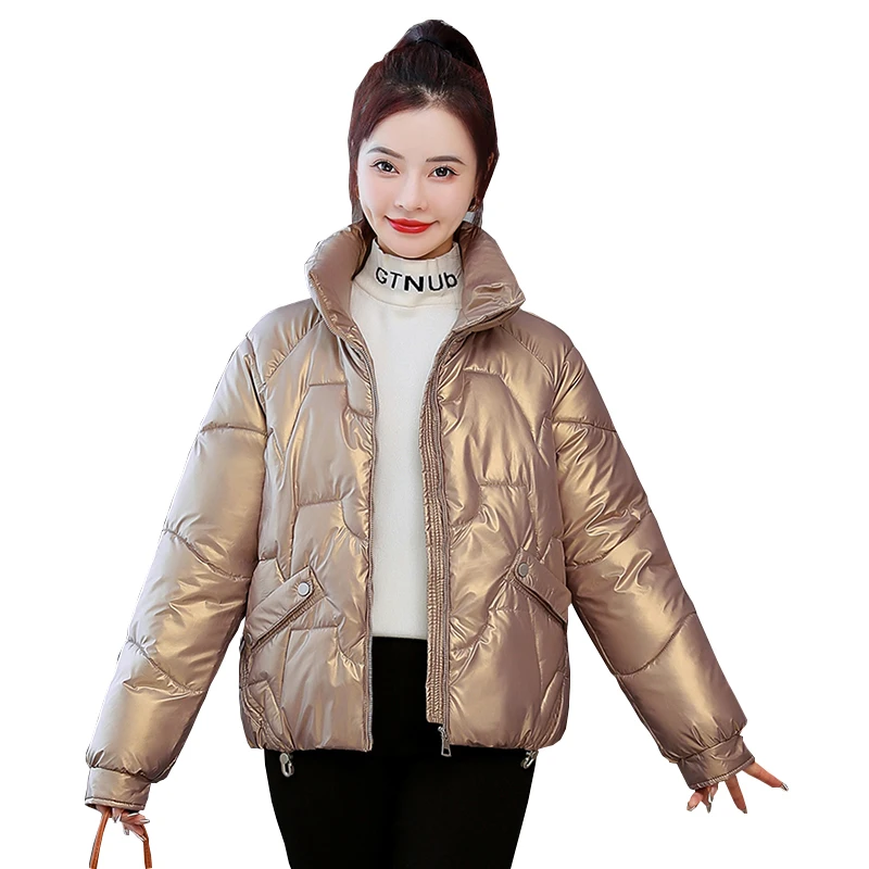 

Women's Cotton-padded Jacket Shiny Cotton Down Padded Pocket Keep Warm Jacket Korean Style Loose Stand Collar Thick Coat FC1690