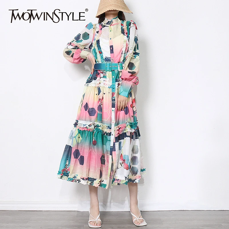 

Женское платье с поясом twotwin2, элегантное платье с воротником-стойкой и рукавами-фонариками на талии, осенний стиль 2021