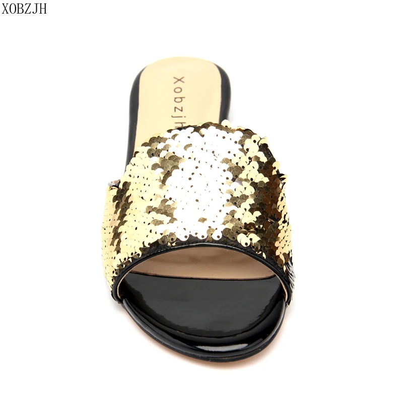 Сандалии женские двусторонние на плоской подошве босоножки с блестками без