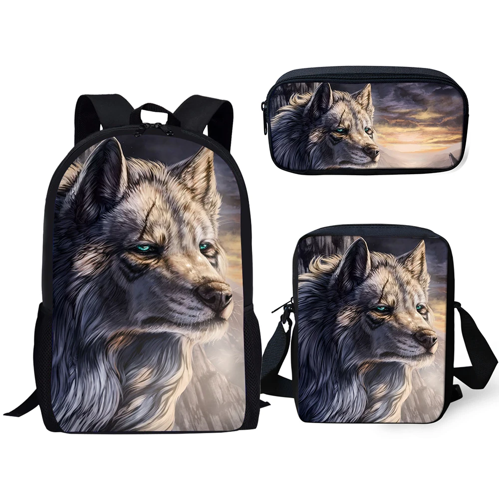 HaoYun Fashion Kids Backpack 3PC Set Fantasy Moon Wolf School Book Bag Kawaii Animal Students Backpack/Flaps Bags/Pen Bas