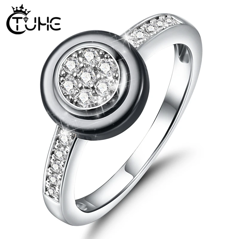 

2mm Width Black White Ceramic Rings for Female Crystal Zircon Rings for Women Fashion Jewelry Wedding Engagement Statement Ring