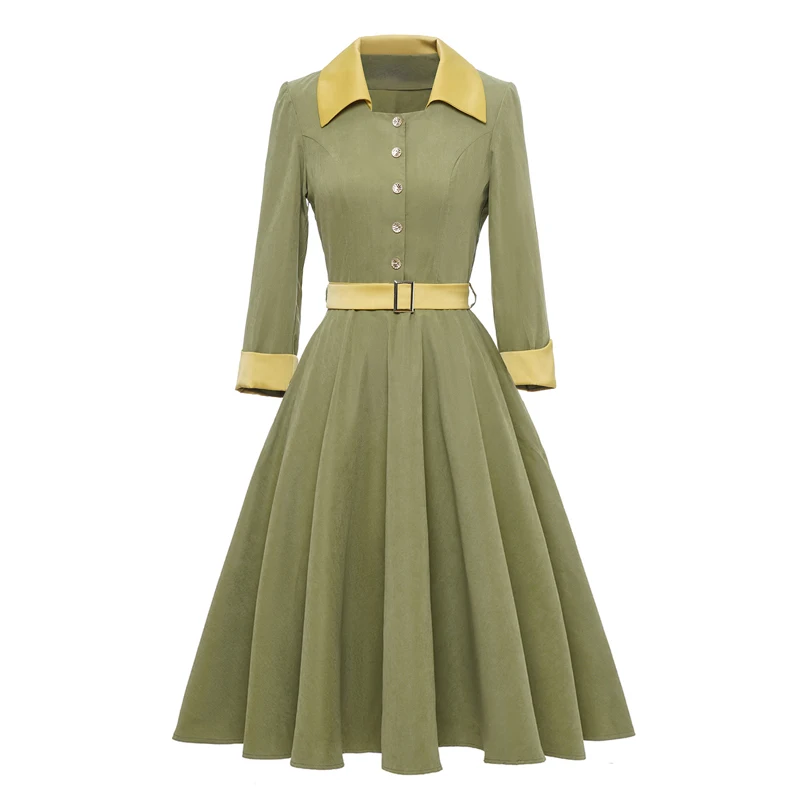 

Spring Women Button Turn Down collar 3/4 sleeve Elegant Ladies casual Knee Length Party A Line Vintage retro dress vestido