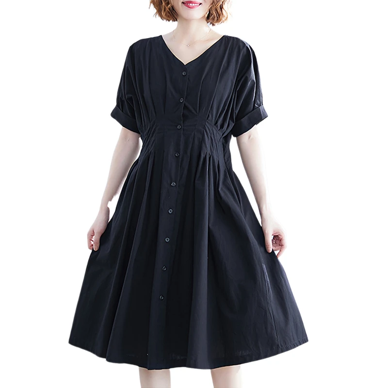 

Большие свободные женские платья 2021 летние новые женские элегантные плиссированные однотонные платья до колена с коротким рукавом наивысш...