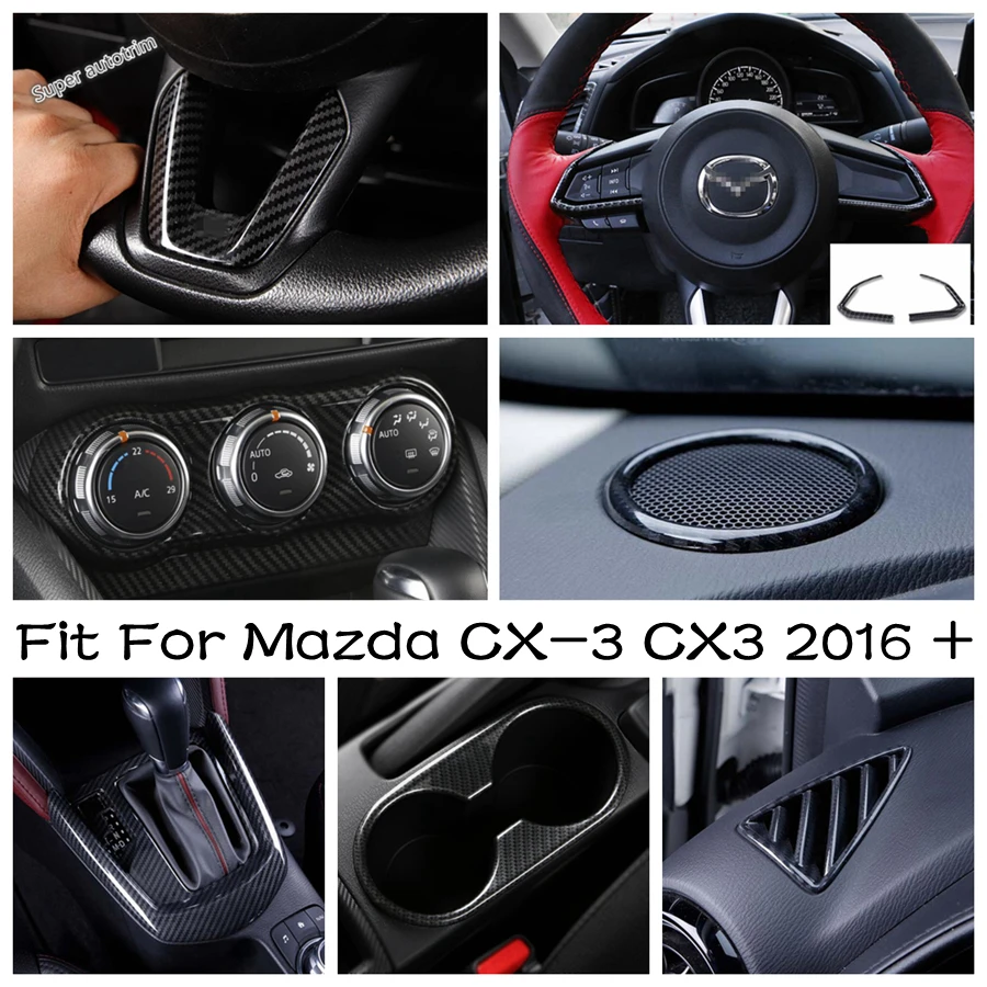 

Carbon Fiber Look Interior Steering Wheel / Gear Shift Box Panel / Water Cup Holder Cover Trim For Mazda CX-3 CX3 2016 - 2020