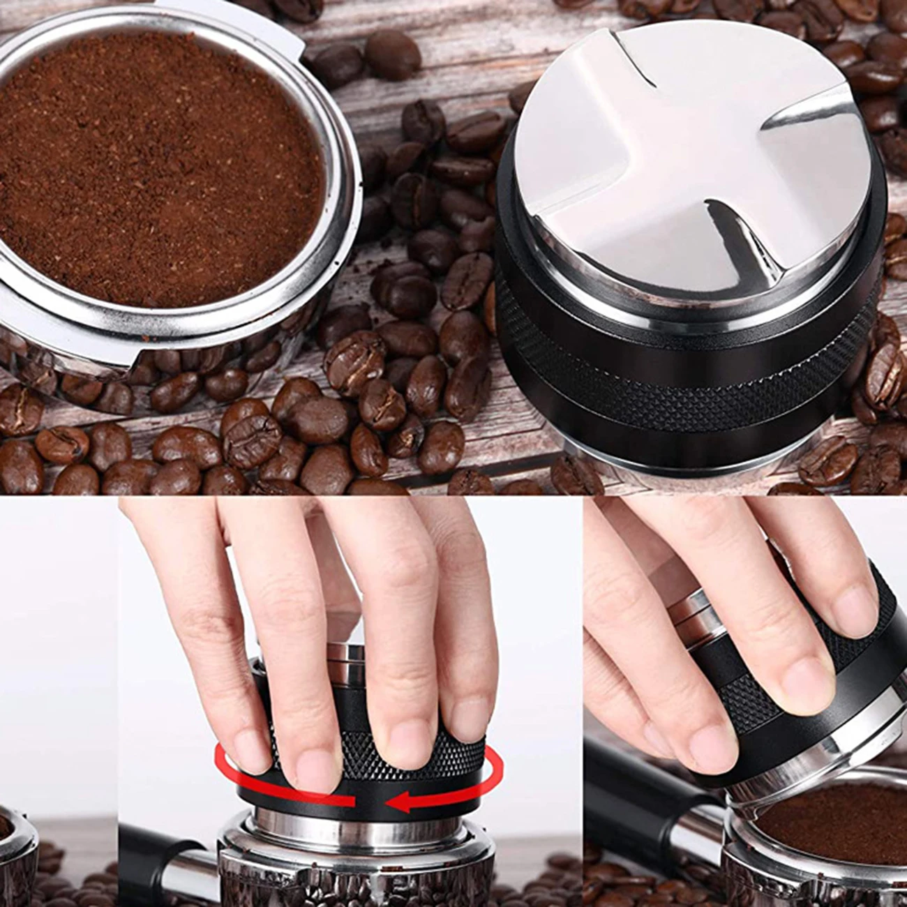 

51/53/58mm Coffee Distributor & Tamper Single Head Coffee Leveler Fits Adjustable Depth Professional Espresso Hand Tampers