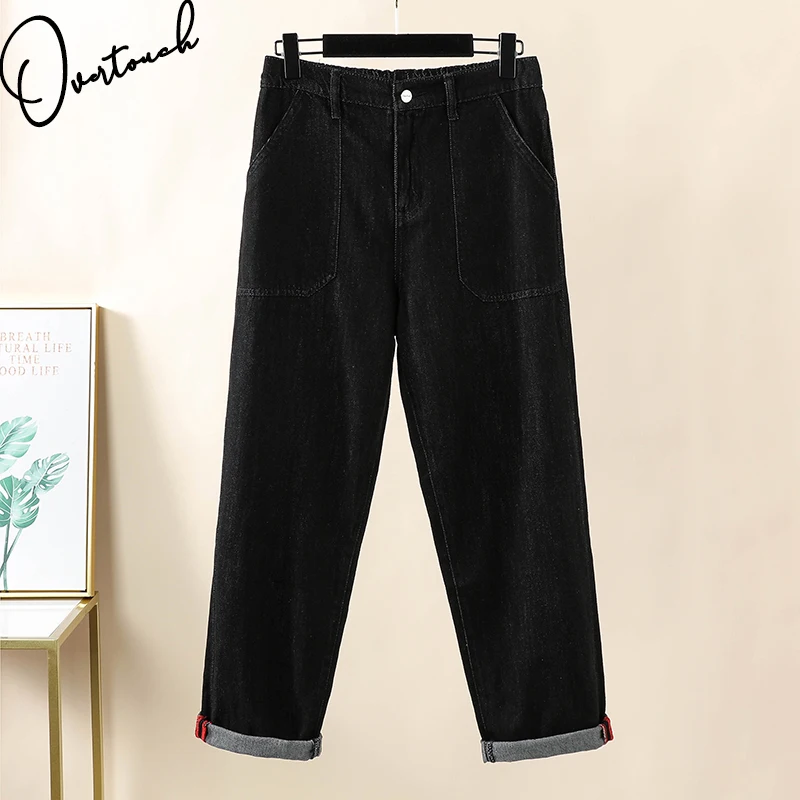 

Autumn Winter Women Cothing Cotton Jeans Denim Long Pants Oversize Elastic Waist Vintage Casual Lady Loose Trousers 2021