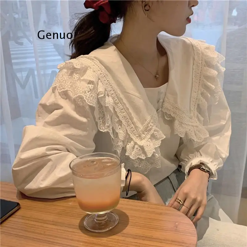

Autumn White Chic Sweet Ruffles Patchwork New Girls Loose High Quality Elegant Blouse Casual All-Match Shirt