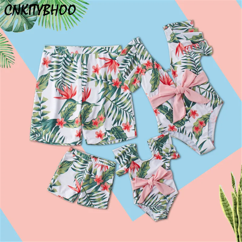 

Family Matching Swimsuits Leaf Print V-neck With Bow Swimsuit Mother Daughter Clothes Father Son Bath Suit Mommy And Me Swimwear