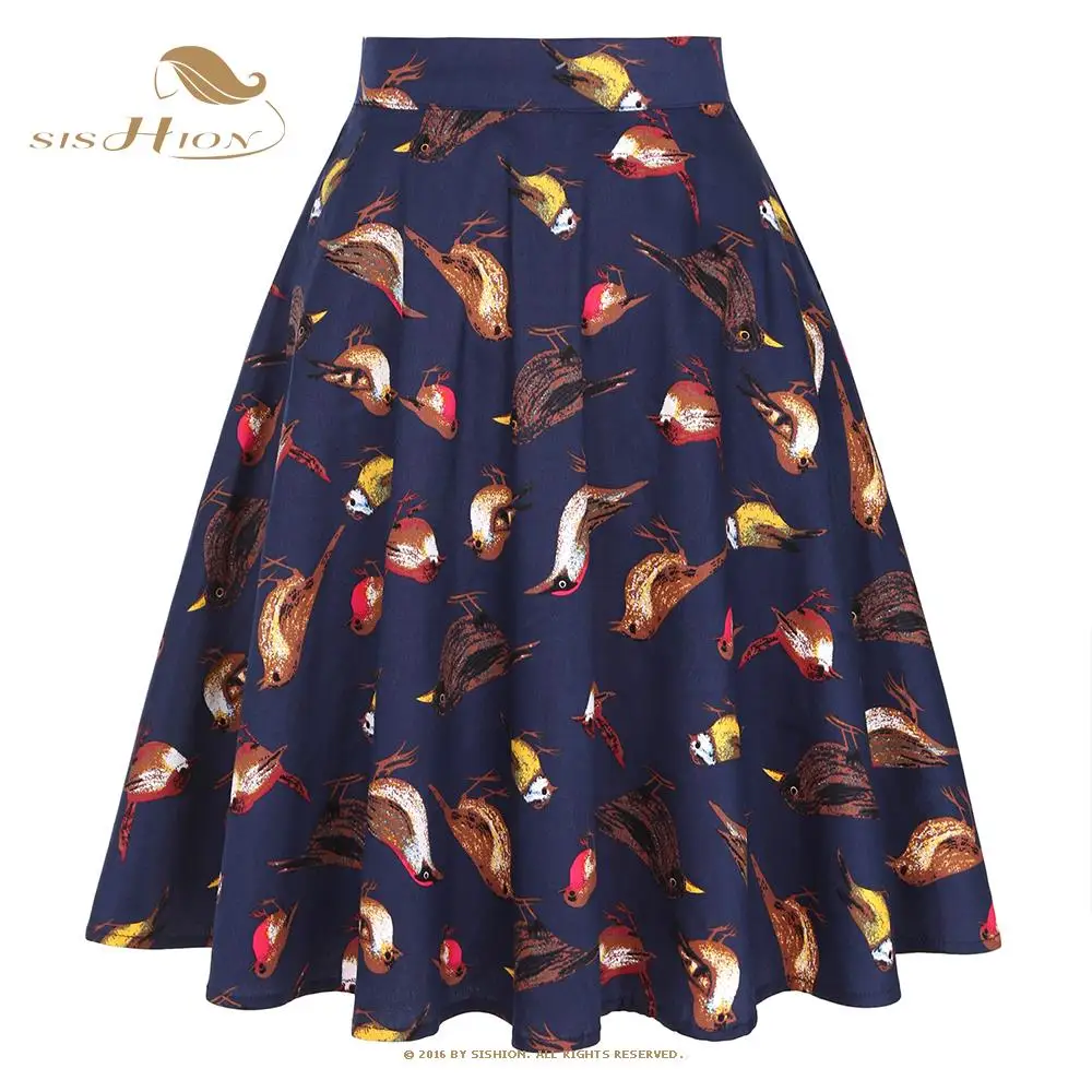 

SISHION Y2K Blue Birds Print Cotton Vintage Skirt VD0020 Jupe Femme High Waist A Line Swing 50s 60s Retro Women Summer Skirts