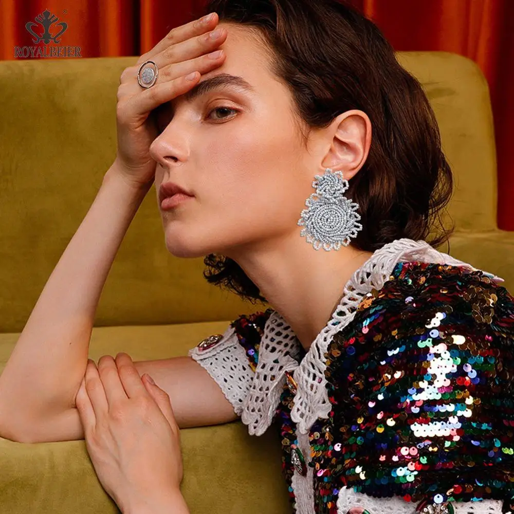 Богемные женские висячие серьги ROYALBEIER длинные кисточки с бусинами ручной работы