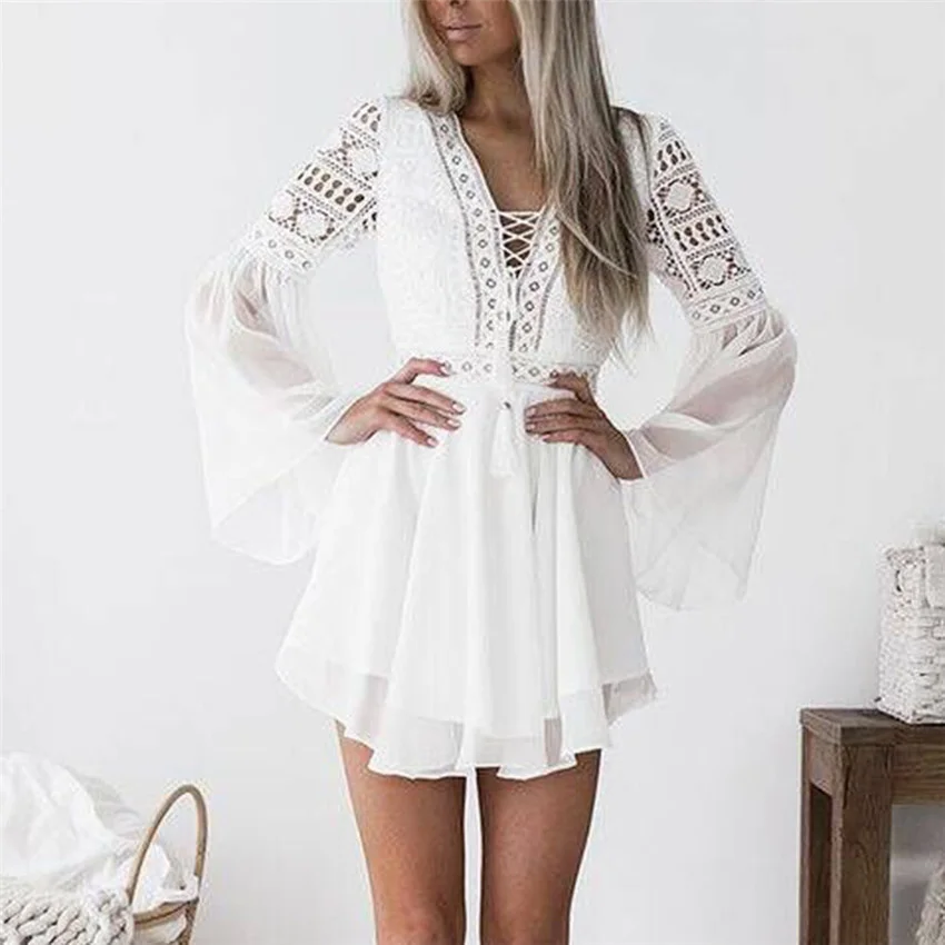 

Women's hollow out white dress, translucent Plaid sexy miniskirt, V-neck, long sleeve, crochet lace, black