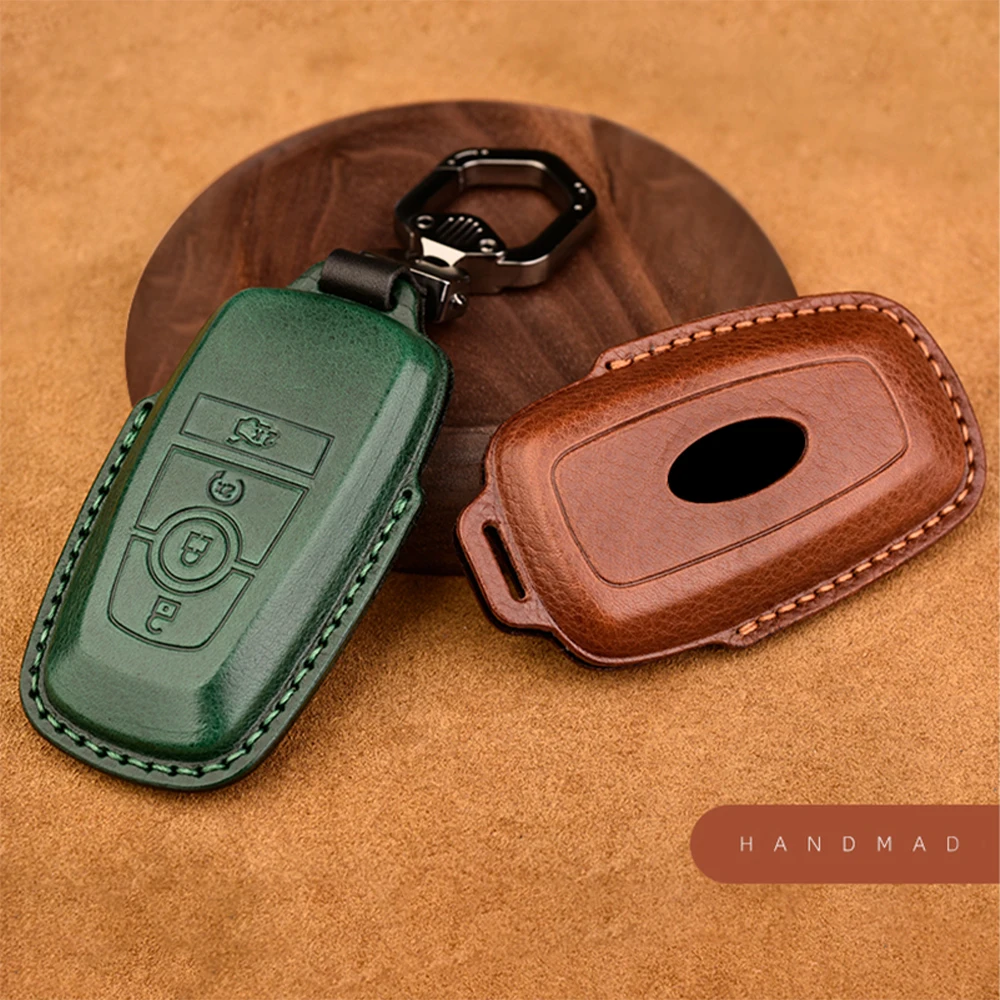 

Genuine Leather Key Case Cover For Ford Fusion Mustang Explorer F-150 F-250 F-350 2017 2018 Remote Key Shell Holder Car Styling