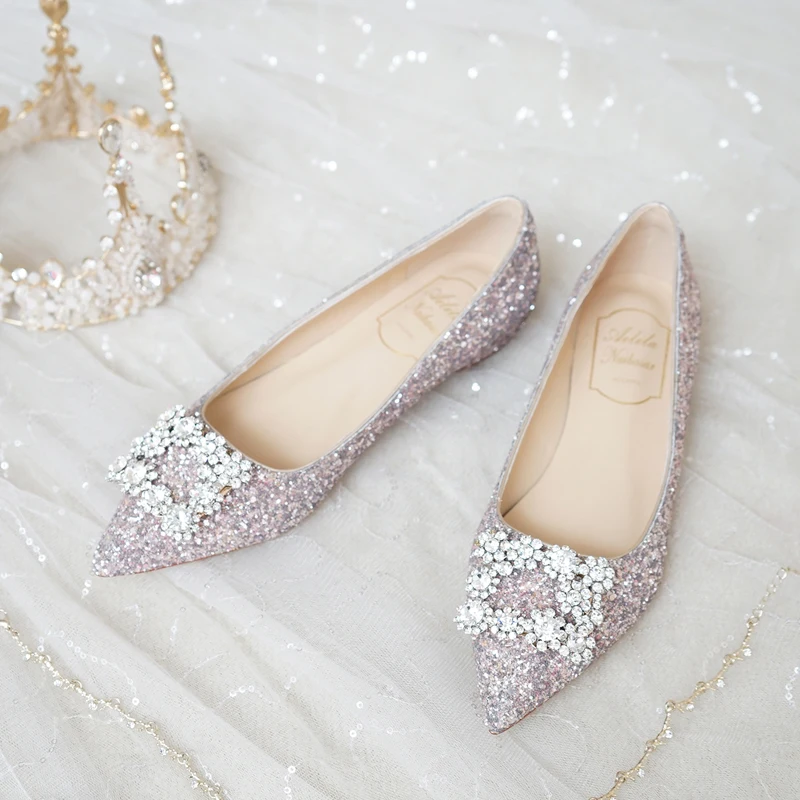 

Glitter Shine Crystal Wedding Shoes Woman Metal Buckle Pointy Toe Shallow Flats Slip On Flash Femme Loafers Comfy Girl Moccasins