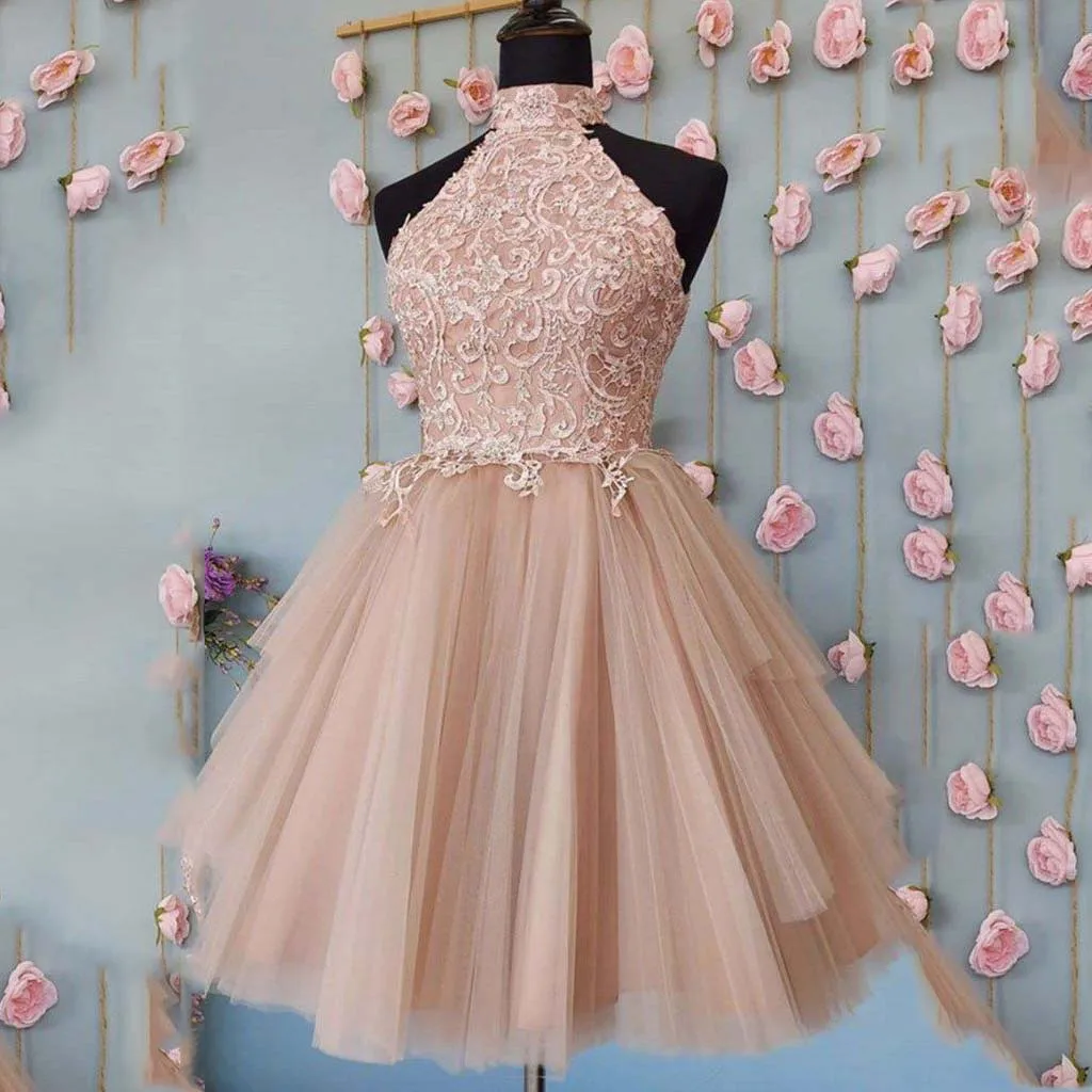 

Elegant High Neck Short Cocktail Dresses Sleeveless Backless Tulle Ball Gown Lace Appliques Women Homecoming Party Night Gowns