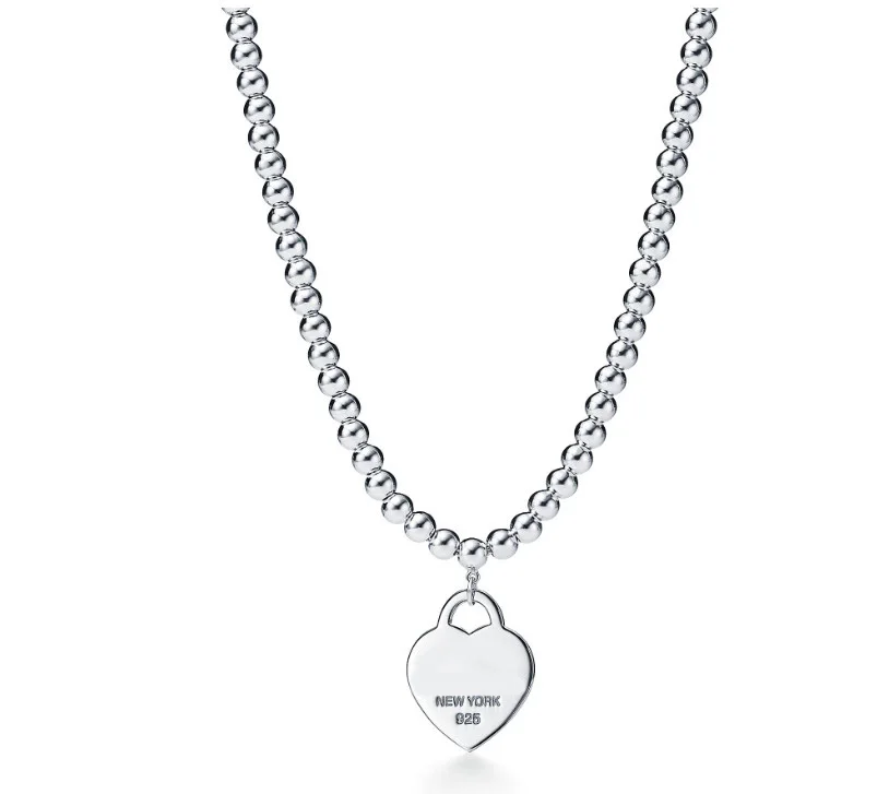 

High quality 1:1 original tif sterling silver 925 necklace with classic 4mm round bead elegant heart-shaped pendant girlfriend