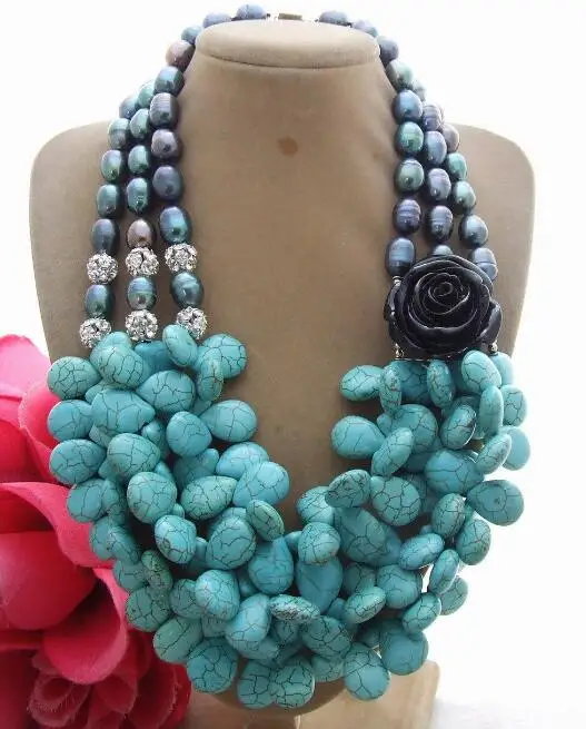 18 &quot3 strds черный жемчуг голубым полимерным камнем цветок Цепочки и