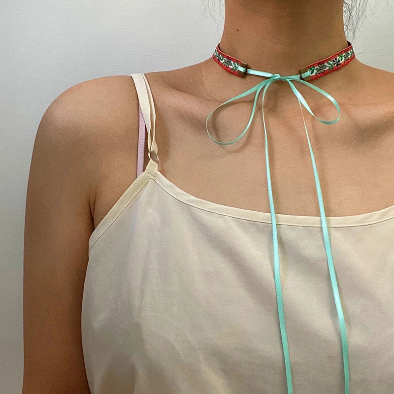 

Vogallery Embroidery Flower Chokers Necklaces For Women High Quality Lace Up Bow Choker Summer Jewelry Sexy Short Necklace