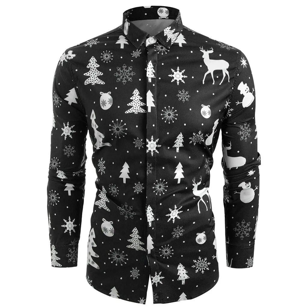 Funnyshirt с принтом, с длинным рукавом, на пуговицах, Мужская одежда, повседневная, снежинки, Рождественская, Печать оленей, рубашка, новогодние, вечерние, блузки