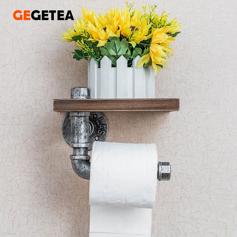 

American Retro Wall Hanging Water Pipe Rack Bathroom Wall Rack Carton Storage Rack Wrought Iron Solid Wood Storage Shelf Rack