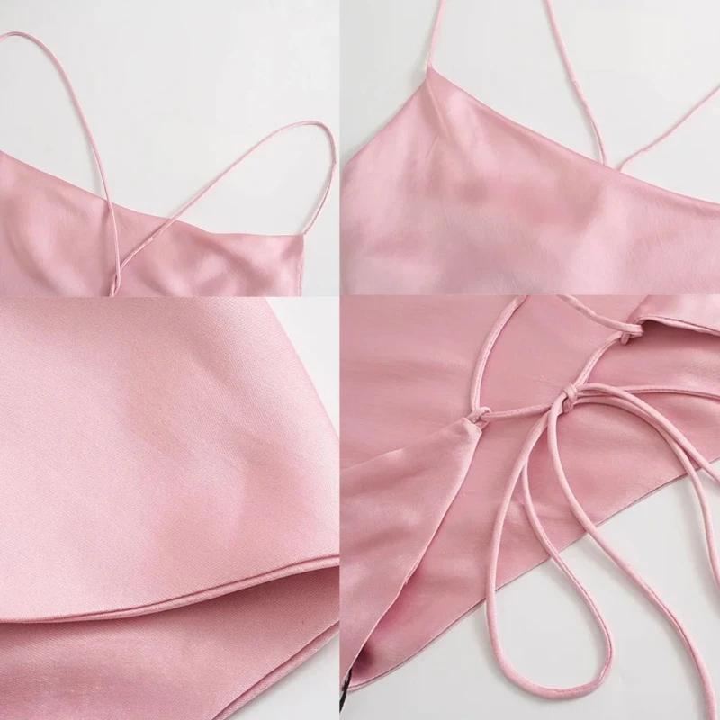 

Women Satin Halter Pink Camisole Sexy Spaghetti Strap Cowl Neck Crop Top Crisscross Lace-Up Backless Strappy Vest Shirt