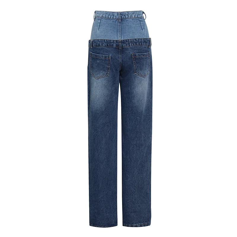 

Casual fashion street high waist hollow stitching contrast jeans pants women