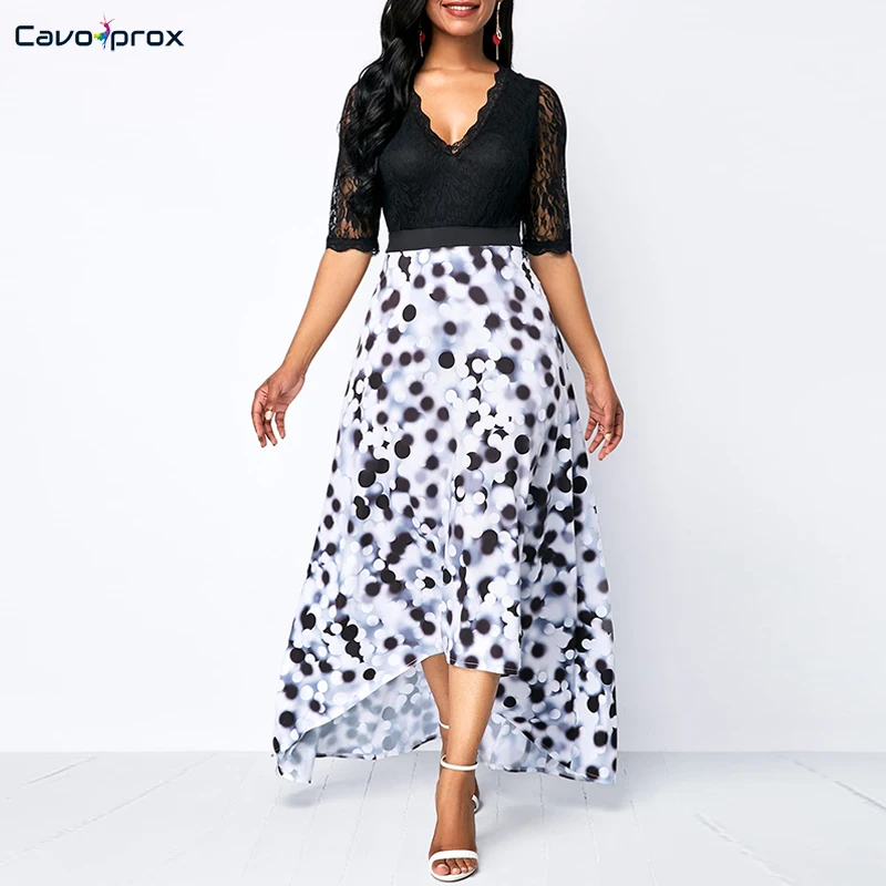 Женское кружевное комбинированное платье в горошек с асимметричным подолом и v