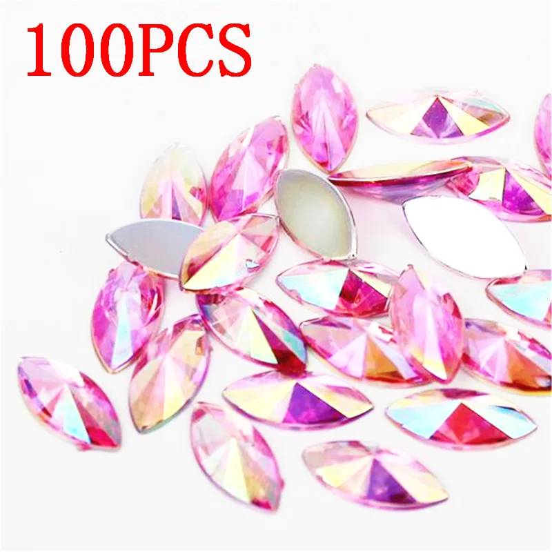 Стразы в форме конского глаза из смолы розовый кристалл AB для дизайна ногтей 7x15