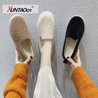 lambs fur cotton shoes women solid color slip on loafers winter square toe moccasins wool fur flats comfy ballet shoes plus size