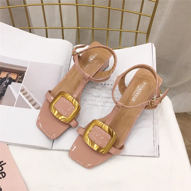 

Summer 2021 new fashion square buckle with thick heel mid-heel open toe sandals fairy retro wild OL women's shoes