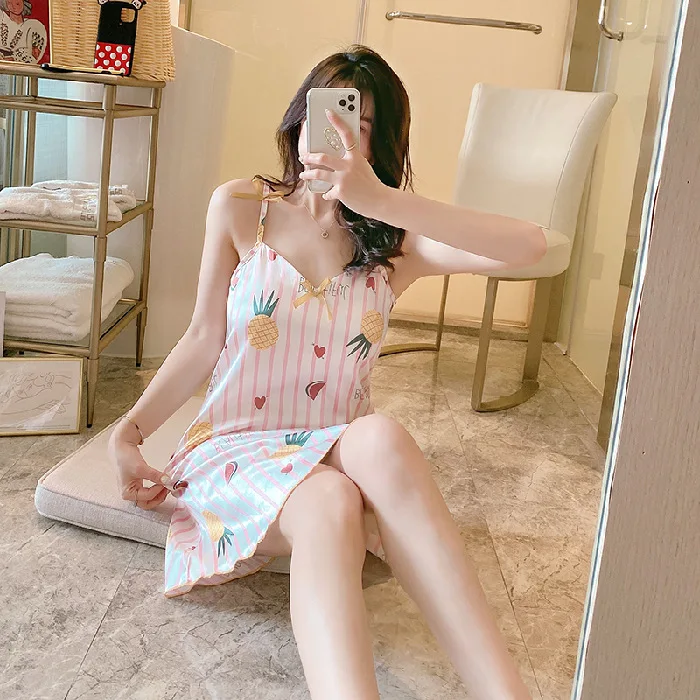 2021 Nightdress Women's Summer New Cute Cartoon Sling Silk Like Nightdress with Bra Skirt Home Clothes Sexy Sleepwear