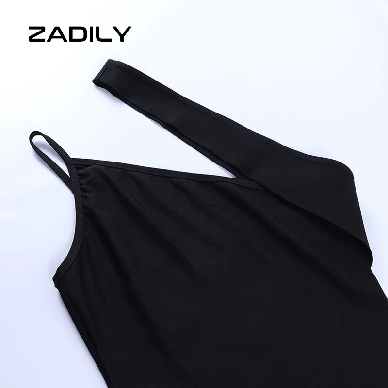 

ZADILY Sexy One Shoulder Black Bodycon Mini Dress Women 2021 Summer Asymmetrical Spaghetti Strap Backless Club Female Dresses