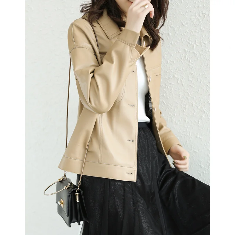 

SHZQ куртка из овечьей кожи Короткая кожаная куртка с отложным воротником с длинным рукавом Корейская Новинка 2021 Женская одежда для весны и о...